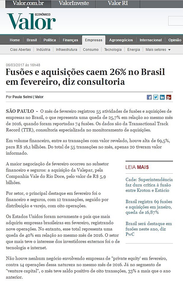 Fuses e aquisies caem 26% no Brasil em fevereiro, diz consultoria